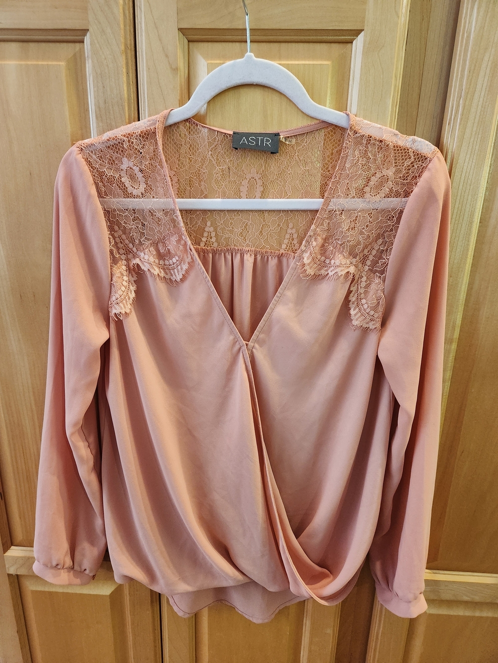 Astr Blush Pink Lace Yoke Draped V-Neck Blouse